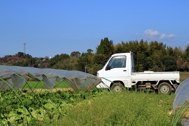 畑の脇に停まっている白い軽トラック